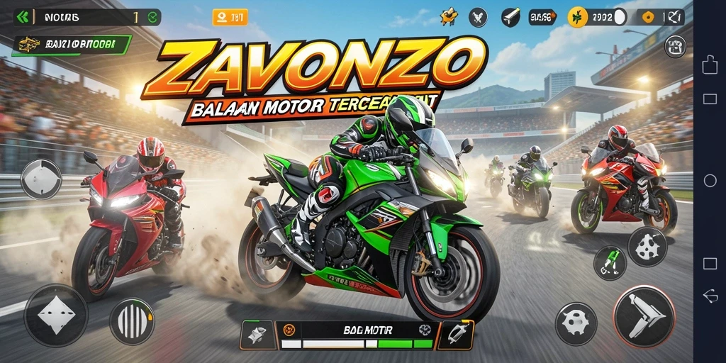 Tampilan antarmuka <strong>ZAVONZO</strong> dengan nuansa balap motor yang dinamis.